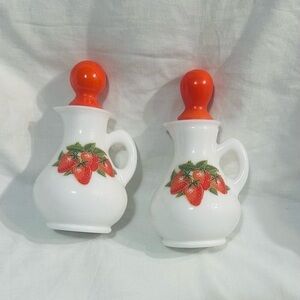 2 Vintage 1969‎ Avon Strawberry & Cream Milk Glass Cruets with Lids Collectible